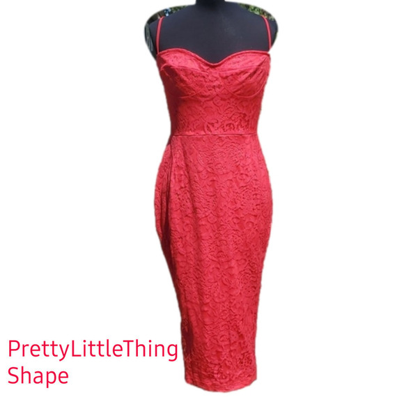 PrettyLittleThing Shape Red Lace Bodycon Midi Dress Size 8 - Picture 4 of 16